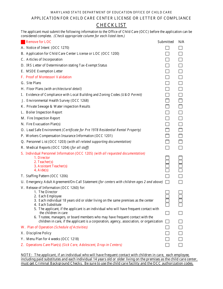 Application for Child Care Center License or Letter of Compliance Checklist - Maryland, Page 1