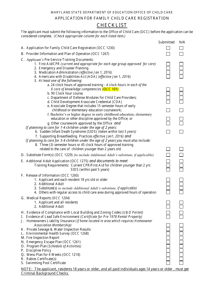 Application for Family Child Care Registration Checklist - Maryland, Page 1