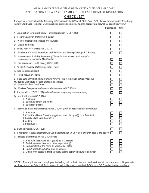 "Application for a Large Family Child Care Home Registration Checklist" - Maryland Download Pdf