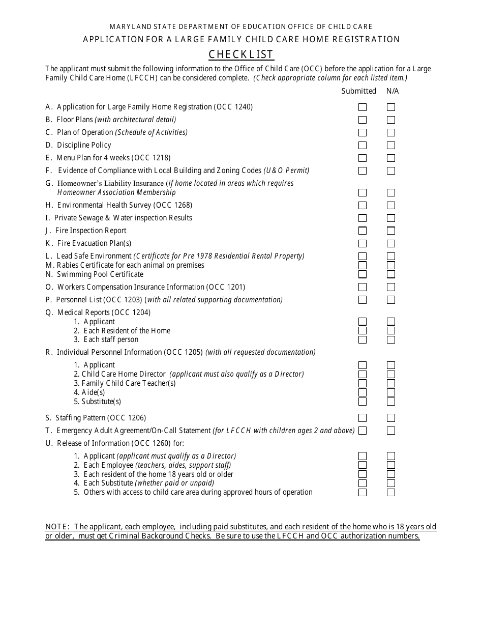 Application for a Large Family Child Care Home Registration Checklist - Maryland, Page 1