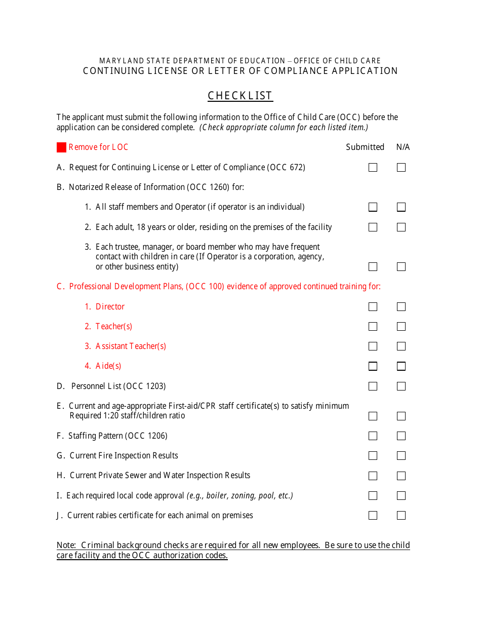 Continuing License or Letter of Compliance Application Checklist - Maryland, Page 1