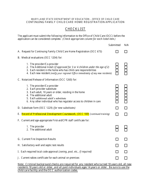 Continuing Family Child Care Home Registration Application Checklist - Maryland Download Pdf