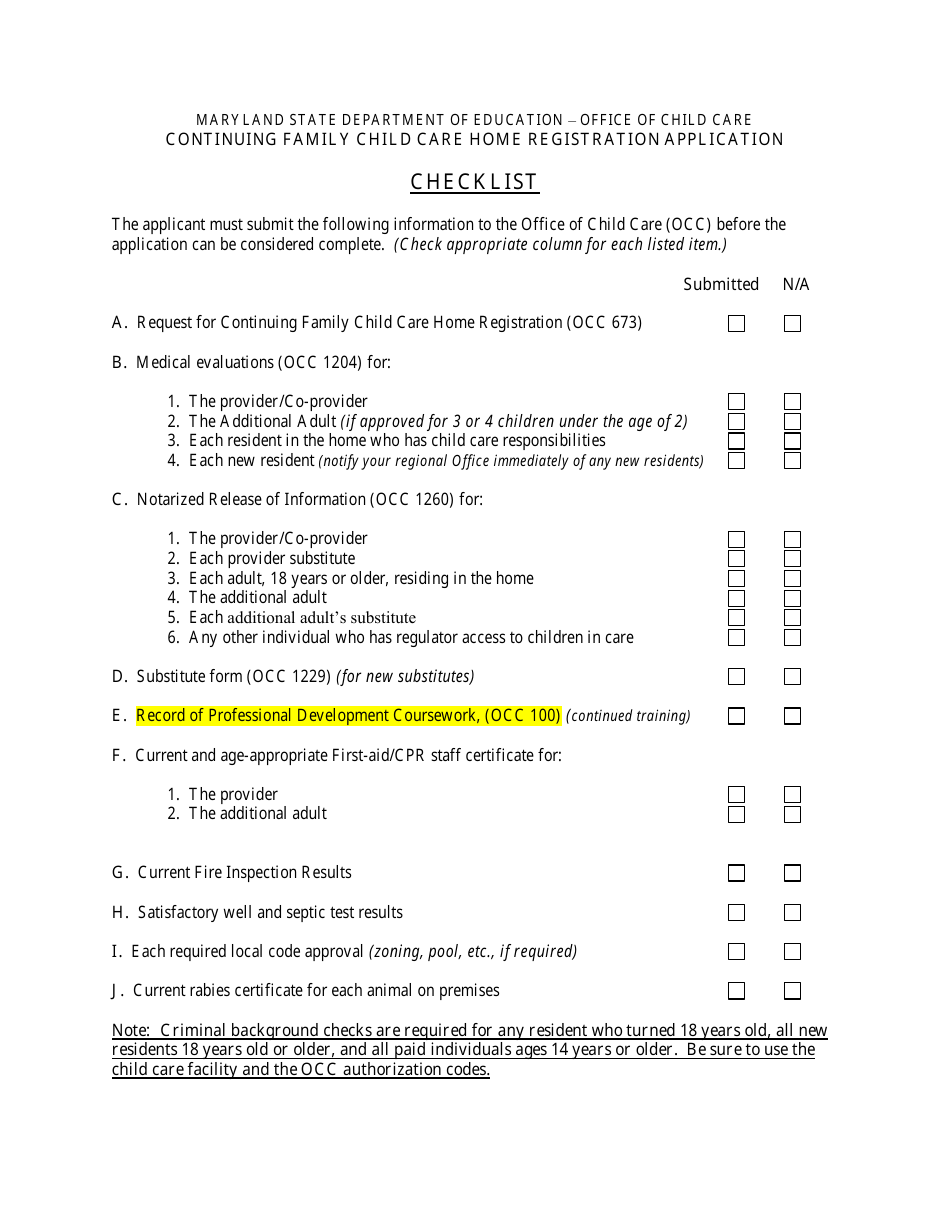 Continuing Family Child Care Home Registration Application Checklist - Maryland, Page 1