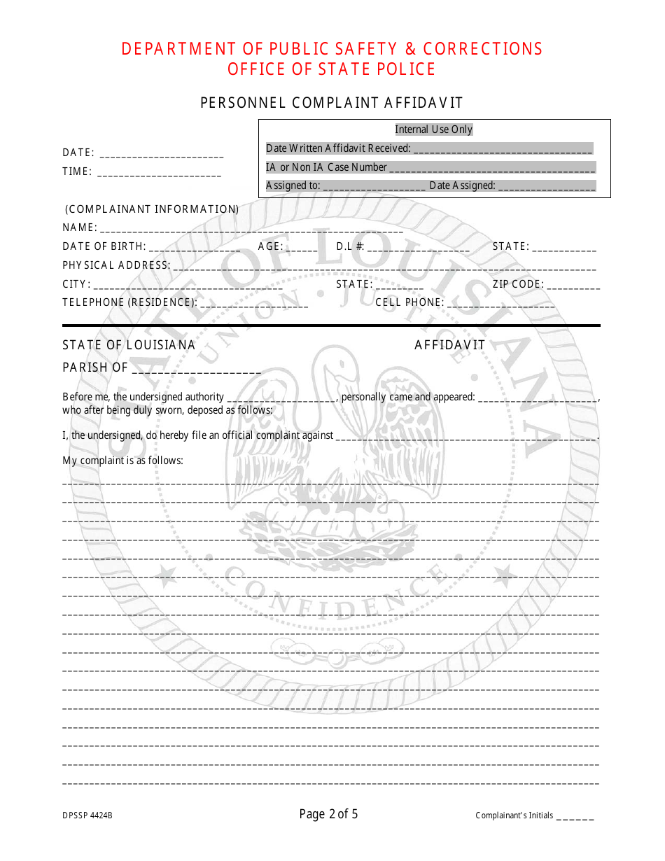 Form DSSP4424B Personnel Complaint Affidavit - Louisiana, Page 2