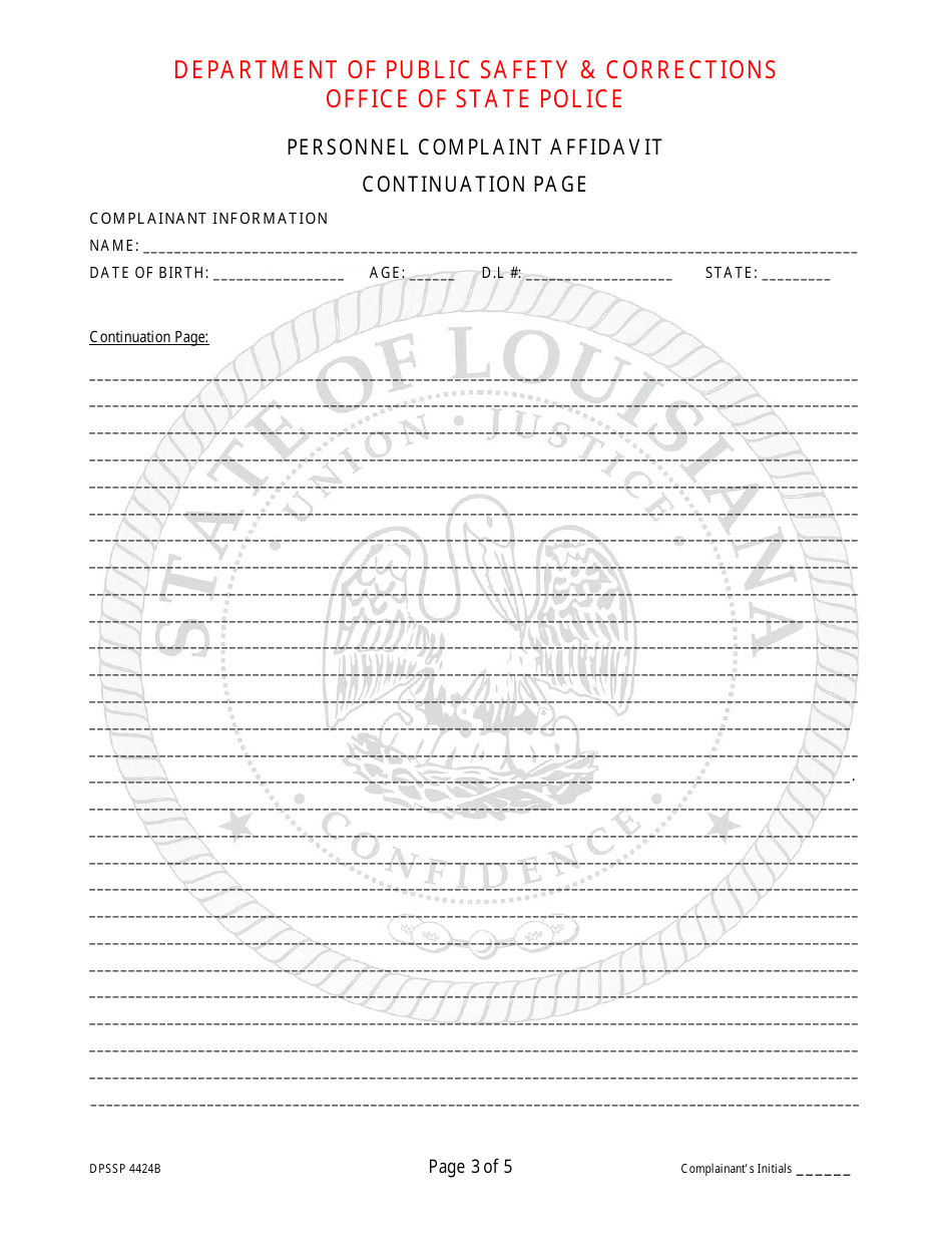 Form DSSP4424B Personnel Complaint Affidavit - Louisiana, Page 3