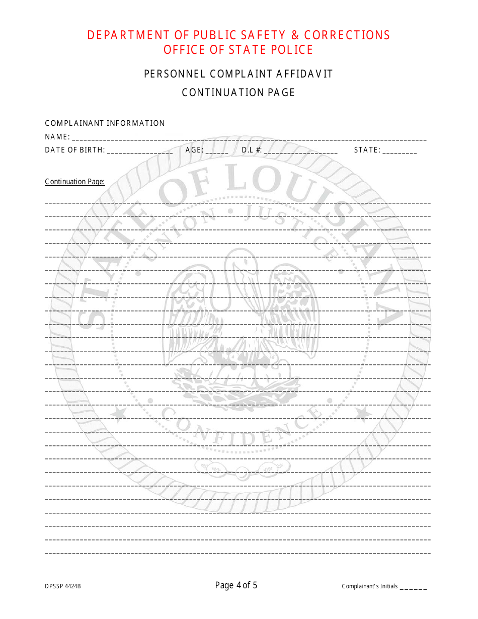 Form DSSP4424B Personnel Complaint Affidavit - Louisiana, Page 4