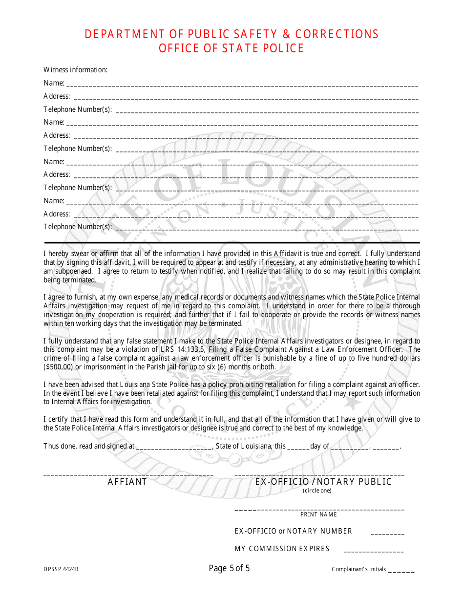 Form DSSP4424B Personnel Complaint Affidavit - Louisiana, Page 5
