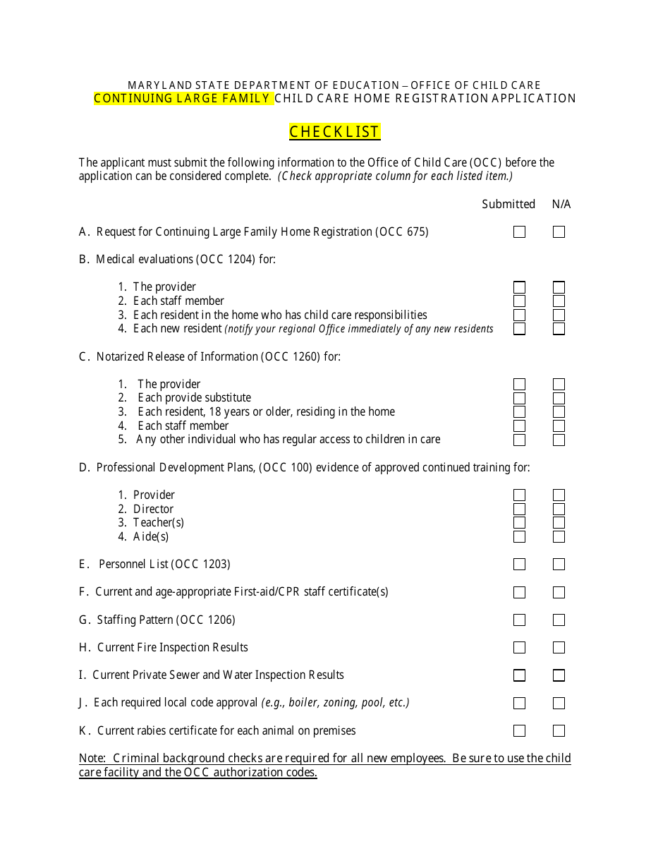 Continuing Large Family Child Care Home Registration Application Checklist - Maryland, Page 1