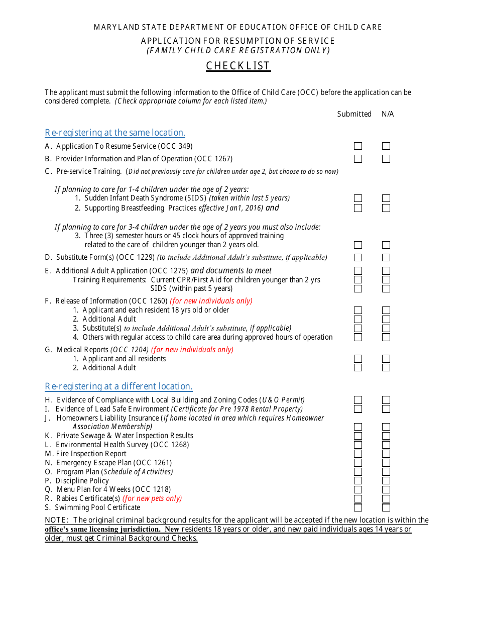 Maryland Application for Resumption of Service Checklist - Fill Out ...