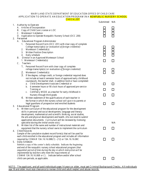 Application to Operate an Education Program in a Nonpublic Nursery School Checklist - Maryland Download Pdf