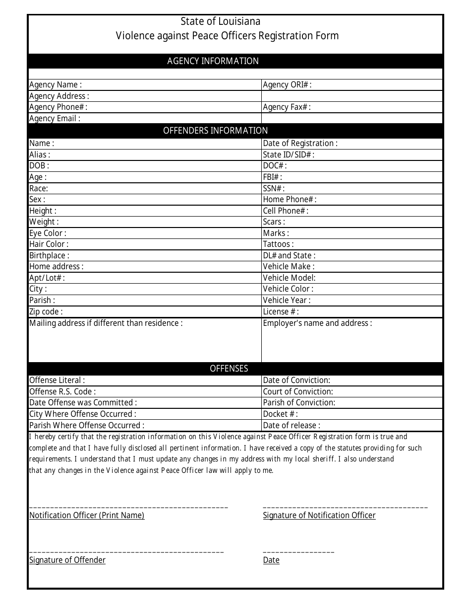 Violence Against Peace Officers Registration Form - Louisiana, Page 1