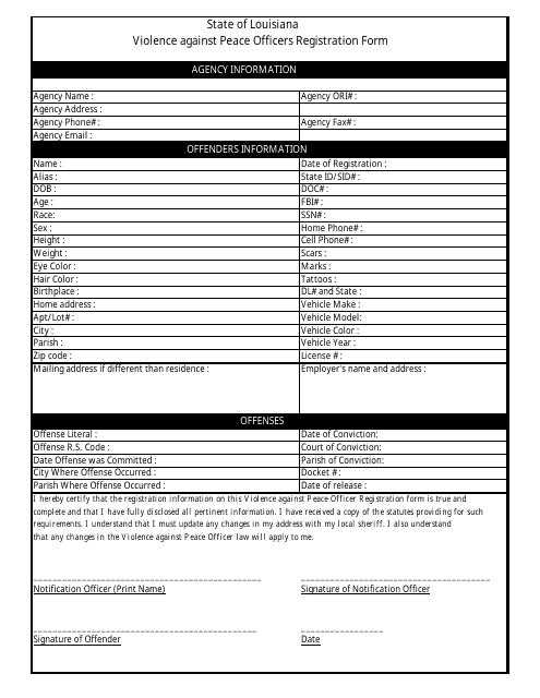 Violence Against Peace Officers Registration Form - Louisiana Download Pdf
