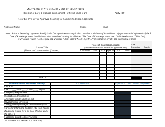 Document preview: Form OCC101 Record of Pre-service Approved Training for Family Child Care Applicants - Maryland