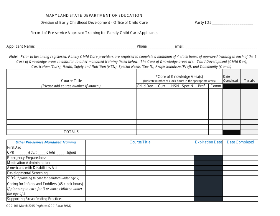 Form OCC101 Record of Pre-service Approved Training for Family Child Care Applicants - Maryland, Page 1