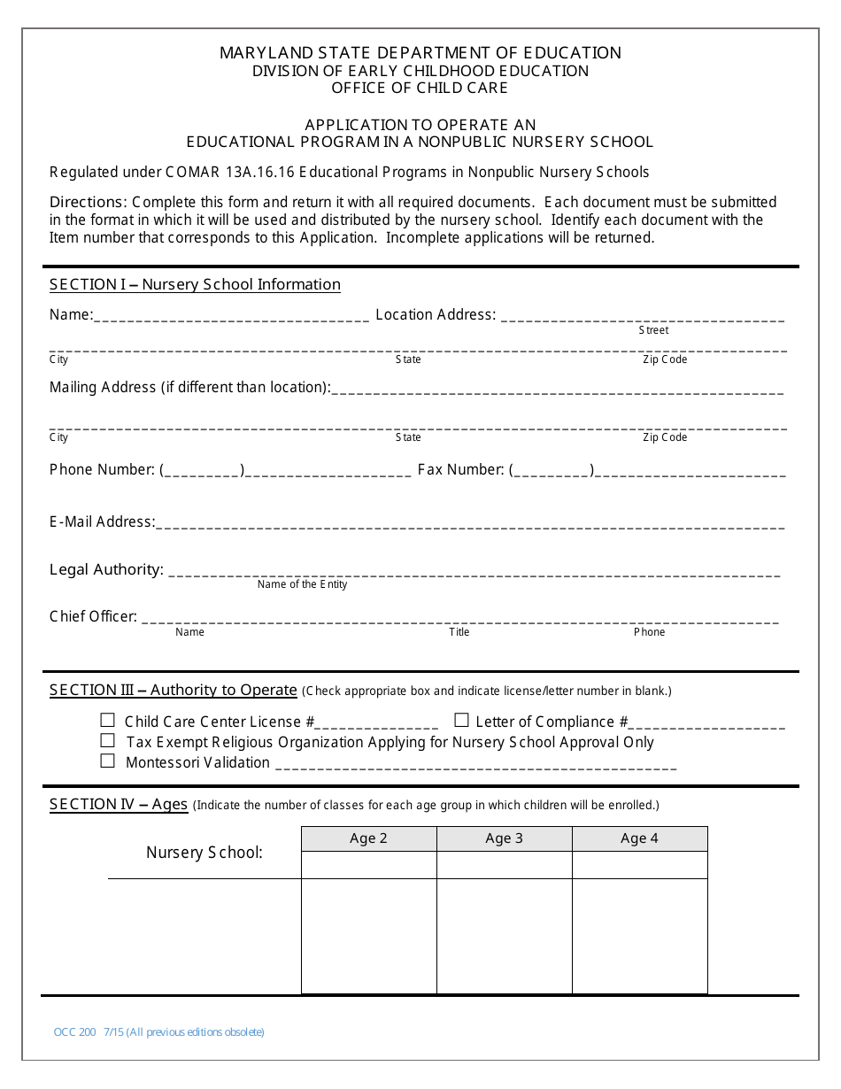 Form OCC200 Application to Operate an Educational Program in a Nonpublic Nursery School - Maryland, Page 1