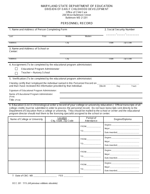 Form OCC201 Nonpublic Nursery School Personnel Record - Maryland