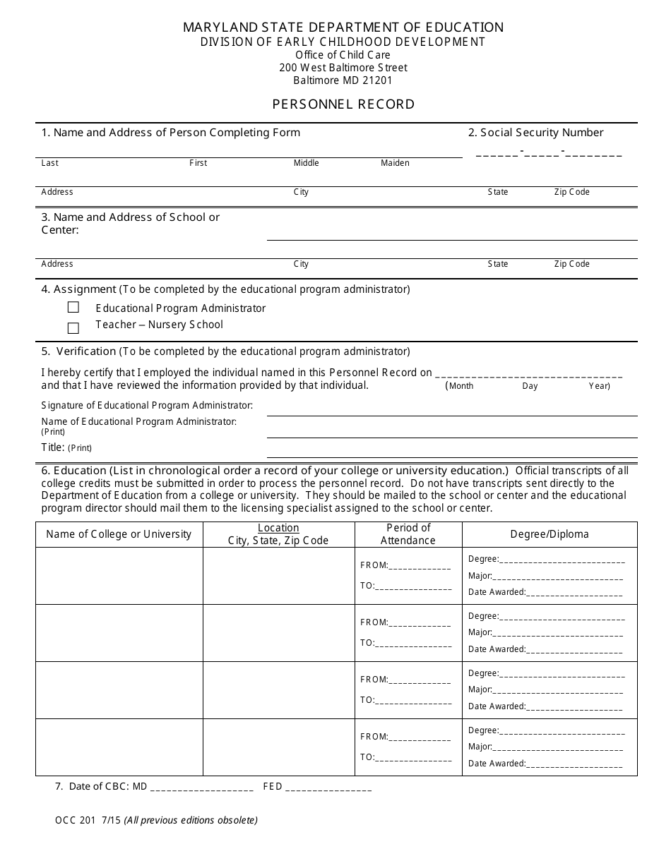 Form OCC201 Nonpublic Nursery School Personnel Record - Maryland, Page 1