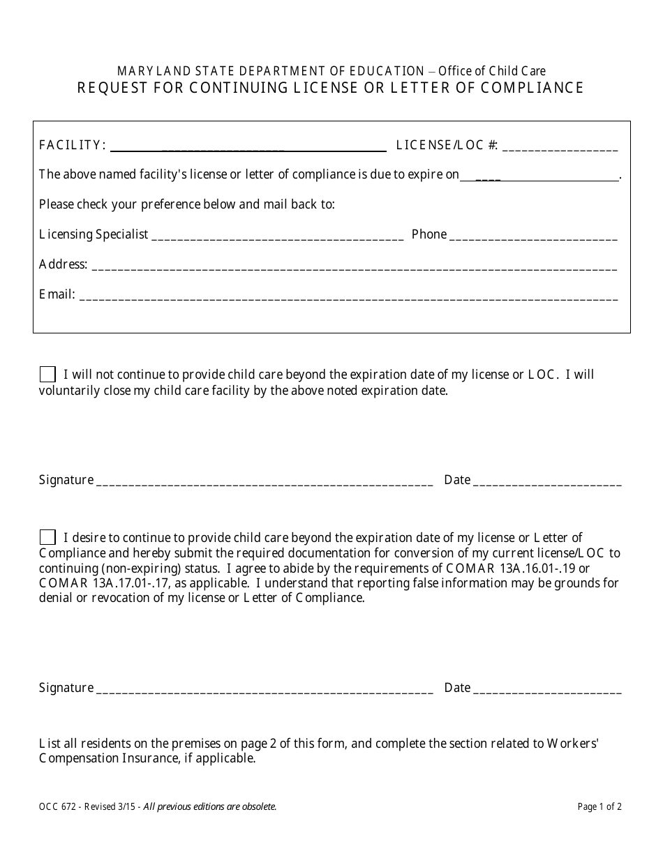 Form OCC672 Request for Continuing License or Letter of Compliance - Maryland, Page 1