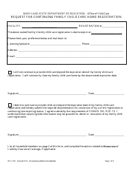 Form OCC673 &quot;Request for Continuing Family Child Care Home Registration&quot; - Maryland