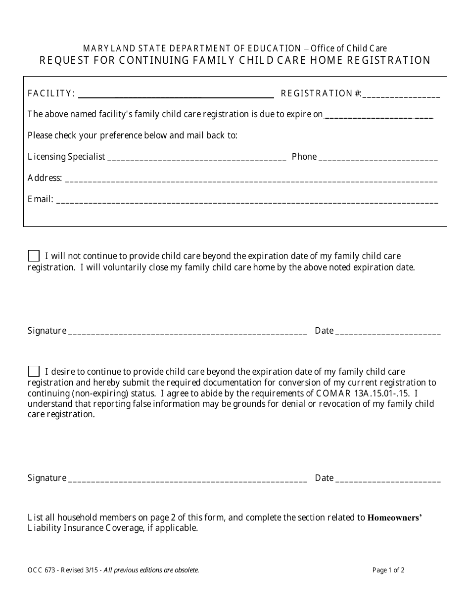 Form OCC673 Request for Continuing Family Child Care Home Registration - Maryland, Page 1