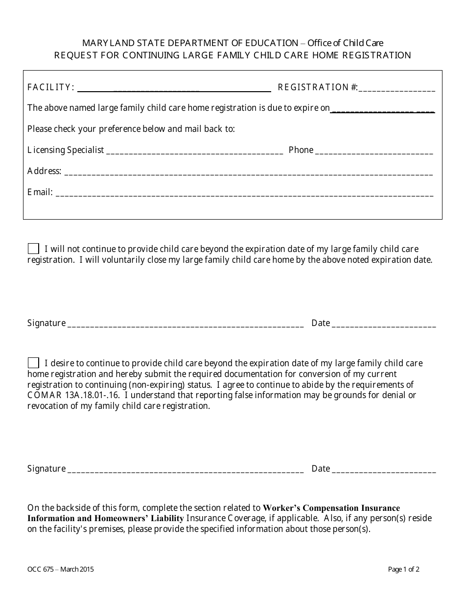 Form OCC675 Request for Continuing Large Family Child Care Home Registration - Maryland, Page 1