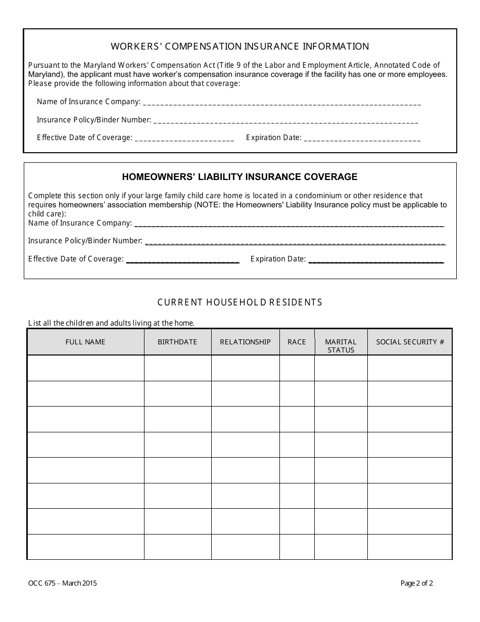 Form OCC675 Request for Continuing Large Family Child Care Home Registration - Maryland, Page 2