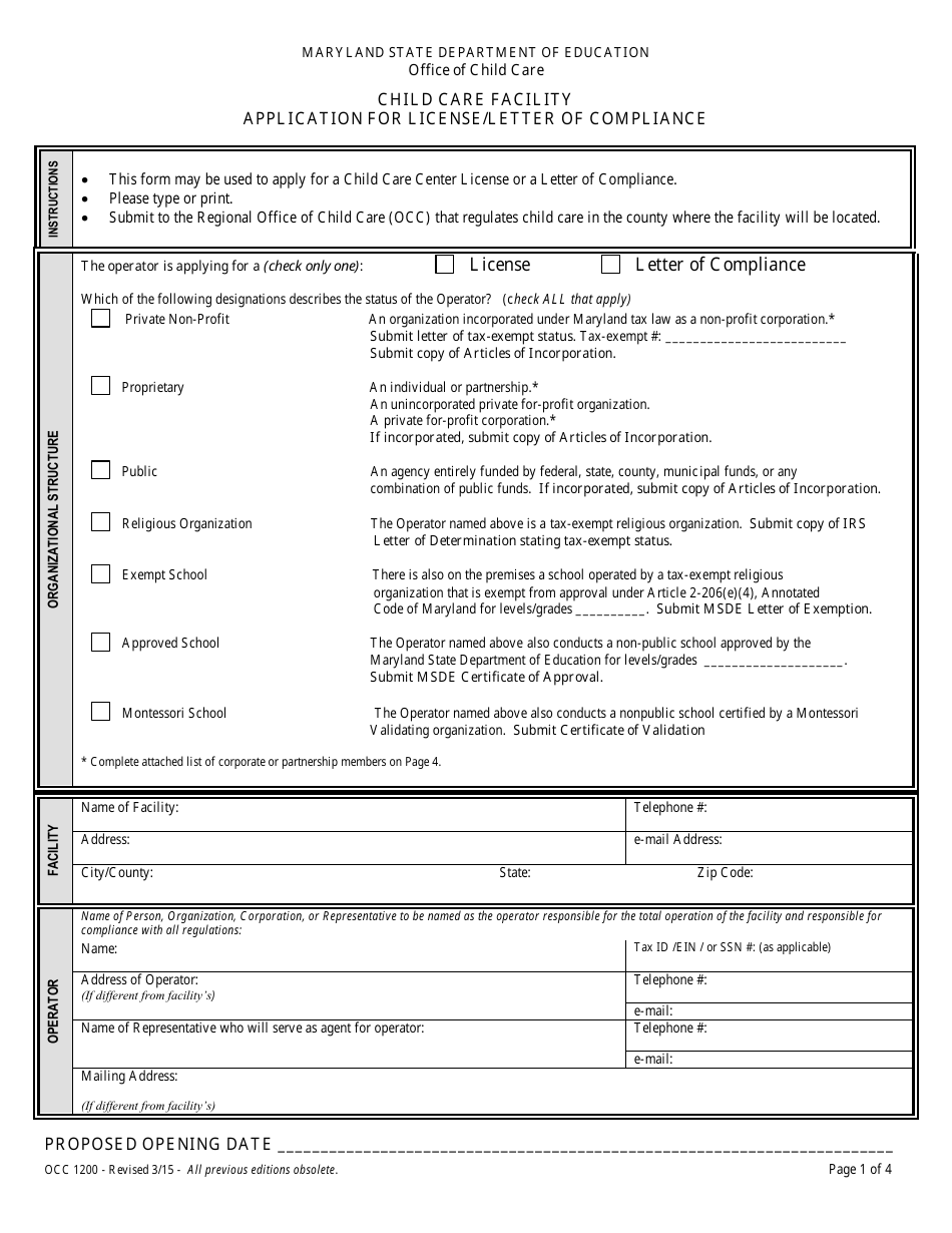 Form OCC1200 Child Care Center Application for License - Maryland, Page 1