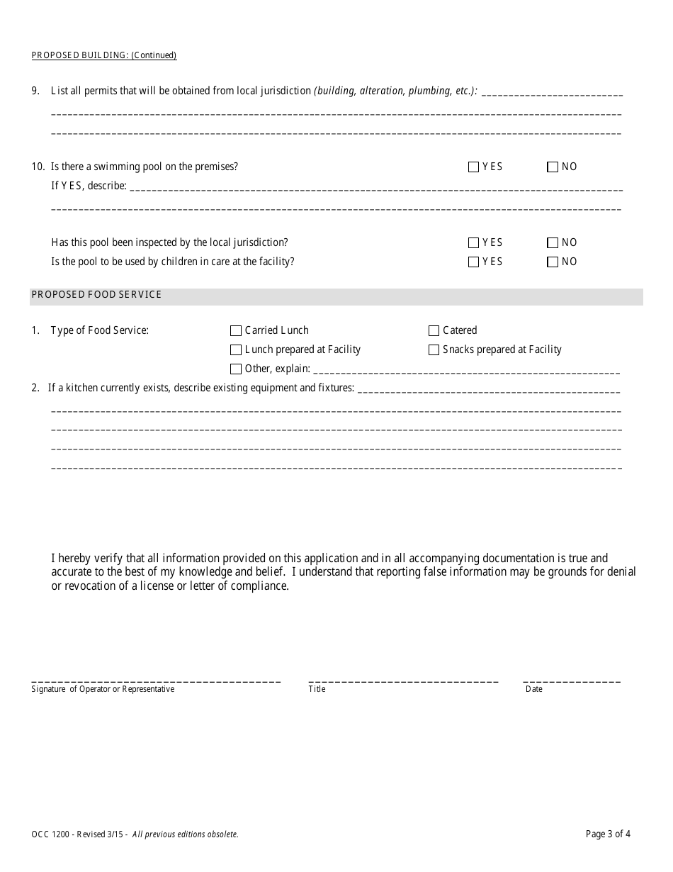 Form OCC1200 Child Care Center Application for License - Maryland, Page 3