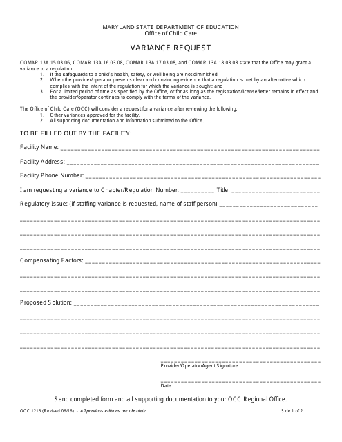 Form OCC1213  Printable Pdf