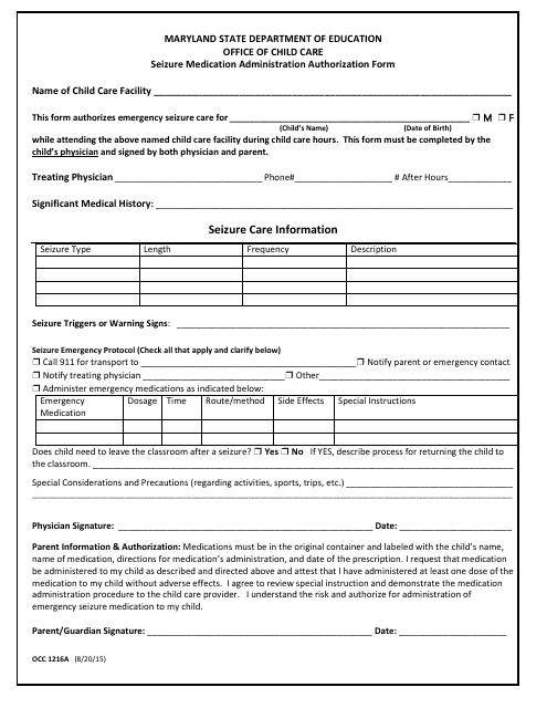 Form OCC1216A Seizure Medication Administration Authorization Form - Maryland