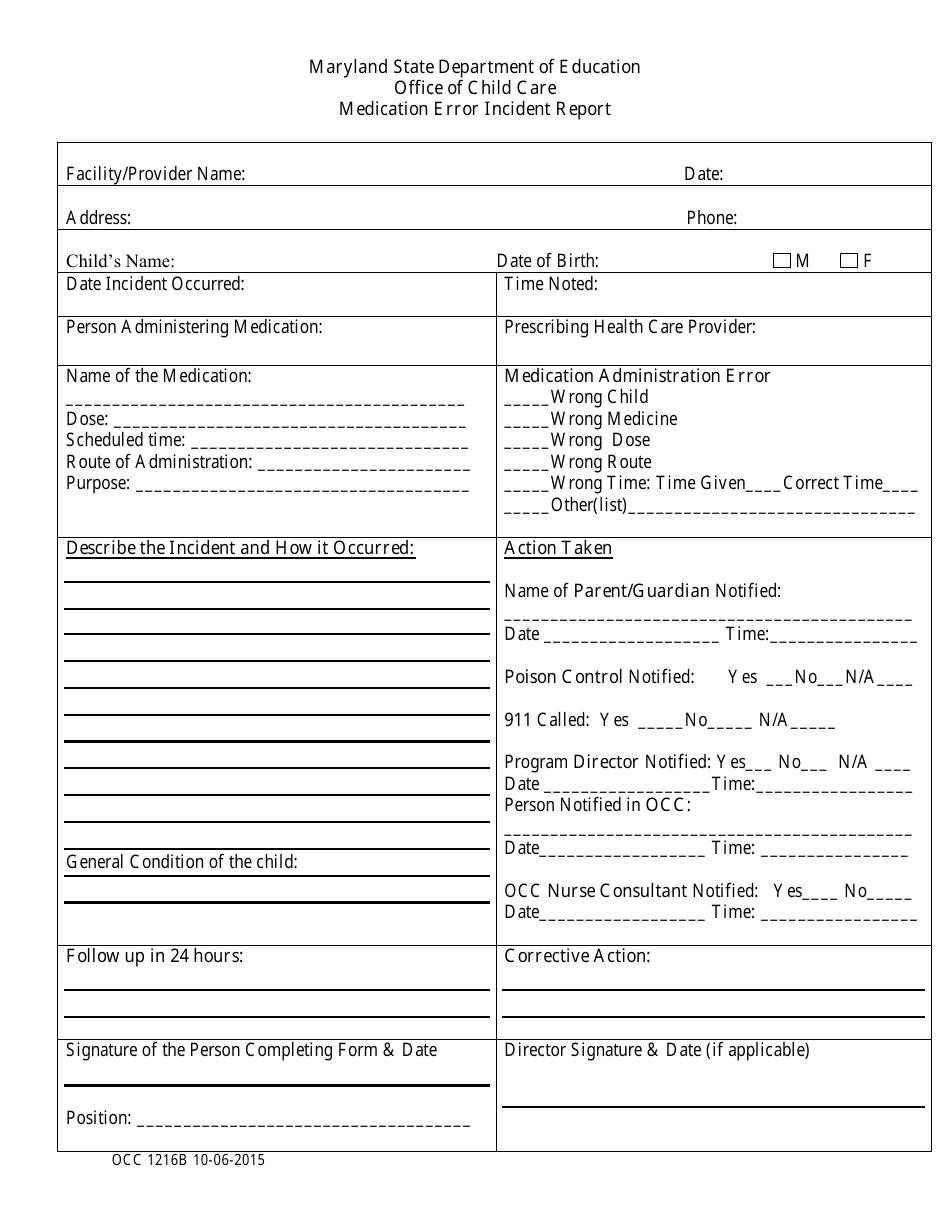 Form OCC1216B Medication Incident Reporting Form - Maryland, Page 1