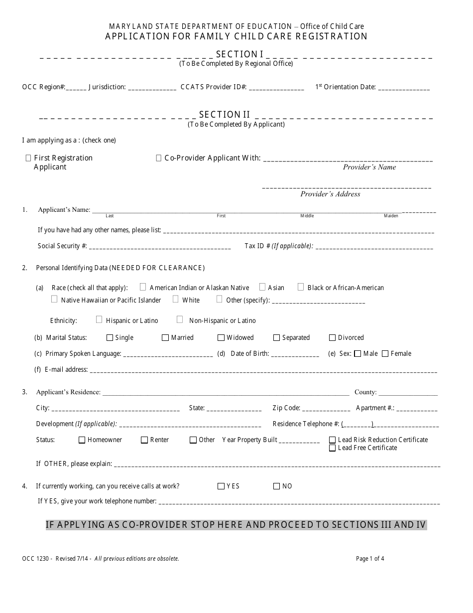 Form OCC1230 Application for Family Child Care Registration - Maryland, Page 1