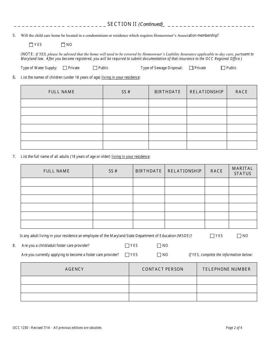 Form OCC1230 Application for Family Child Care Registration - Maryland, Page 2