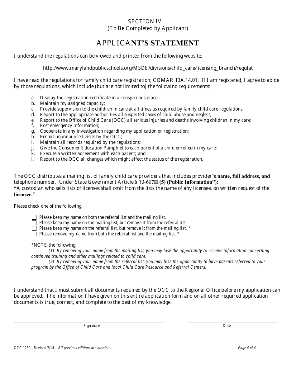 Form OCC1230 Application for Family Child Care Registration - Maryland, Page 4