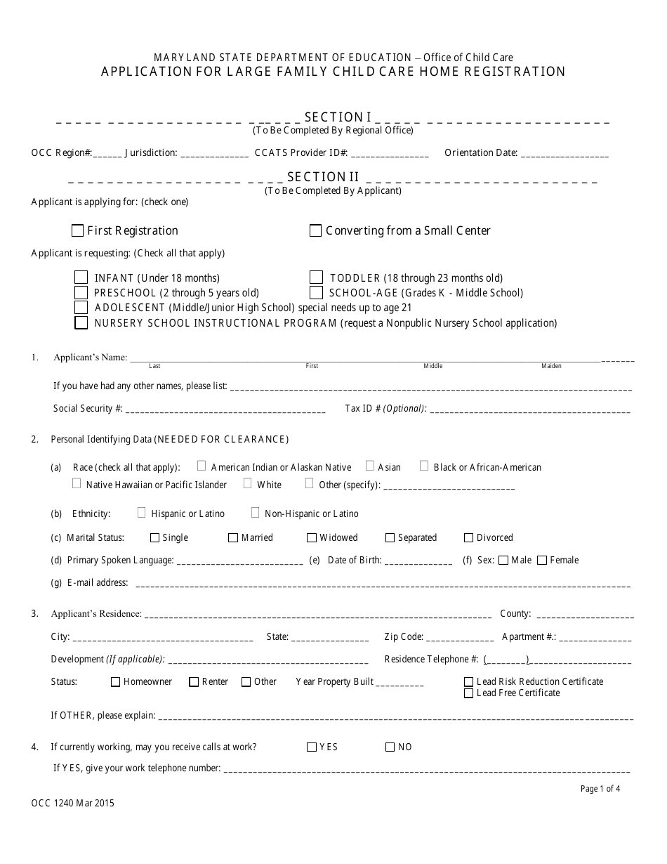Form OCC1240 Application for Large Family Child Care Home Registration - Maryland, Page 1