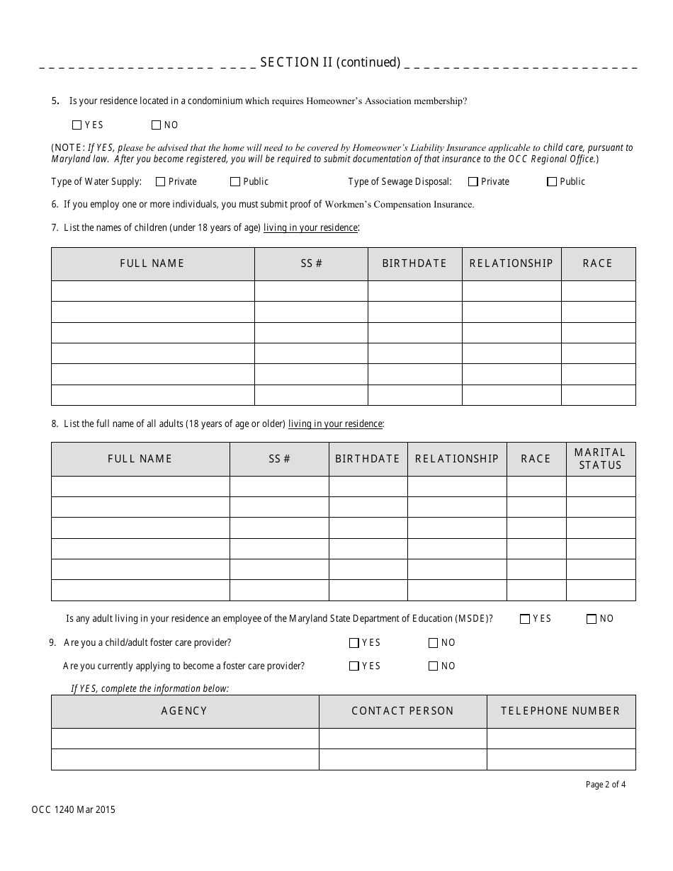 Form OCC1240 Application for Large Family Child Care Home Registration - Maryland, Page 2