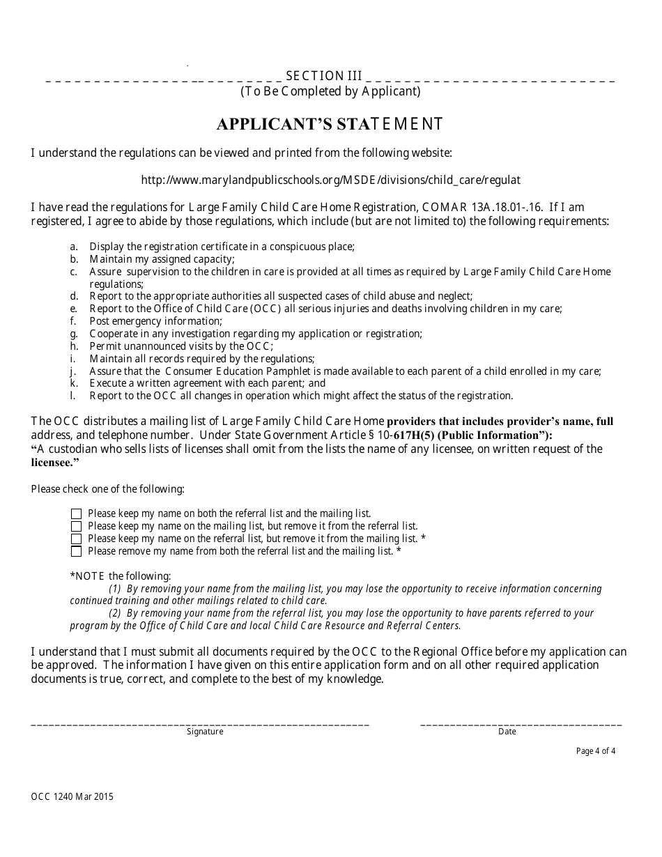Form OCC1240 Application for Large Family Child Care Home Registration - Maryland, Page 4