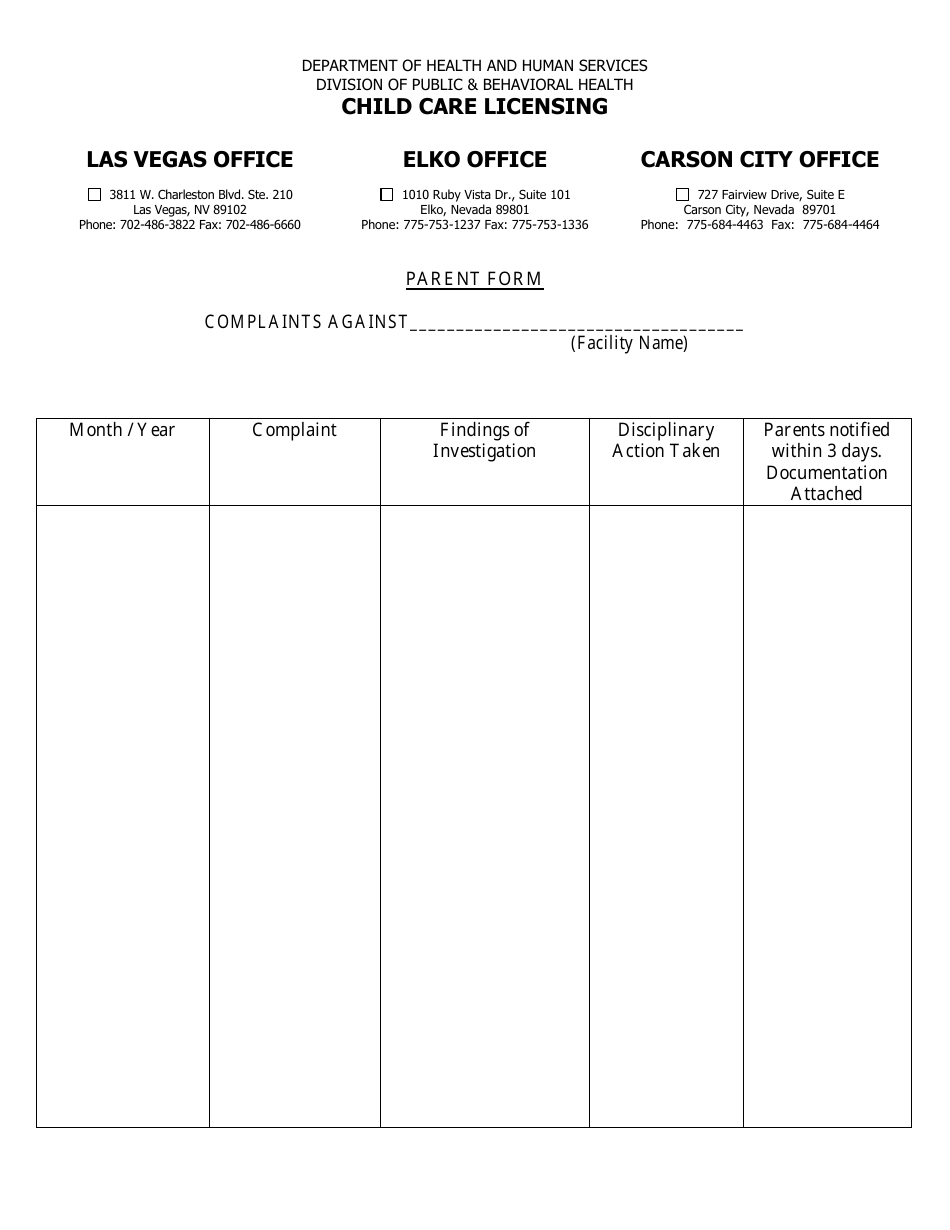 Substantiated Complaints Log (Parent Form) - Nevada, Page 1