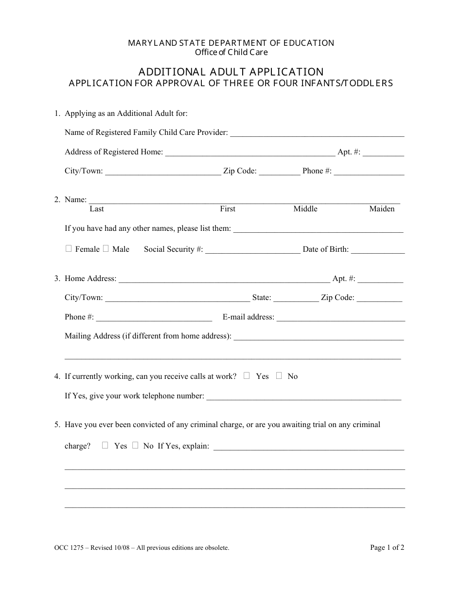 Form OCC1275 Additional Adult Application - Maryland, Page 1