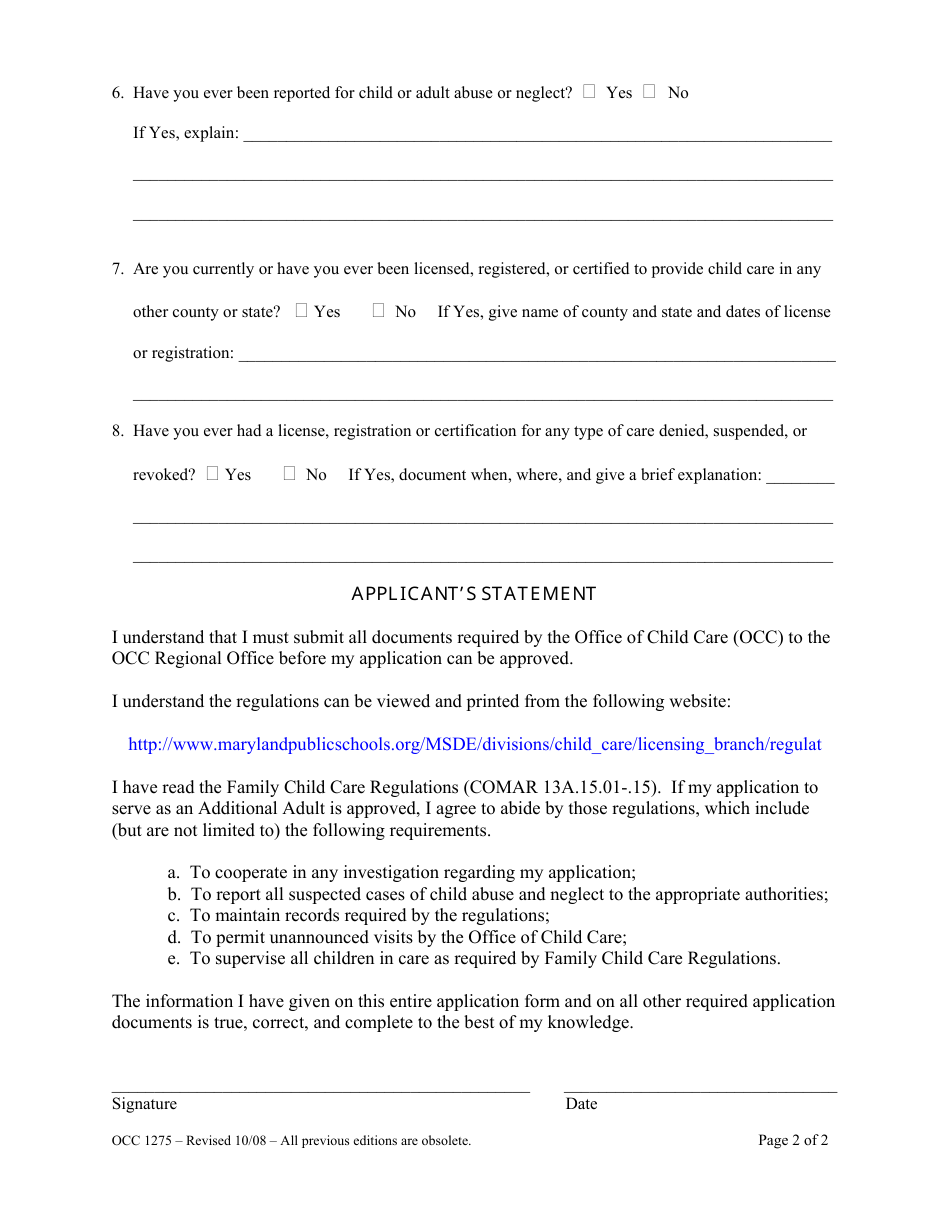 Form OCC1275 Additional Adult Application - Maryland, Page 2