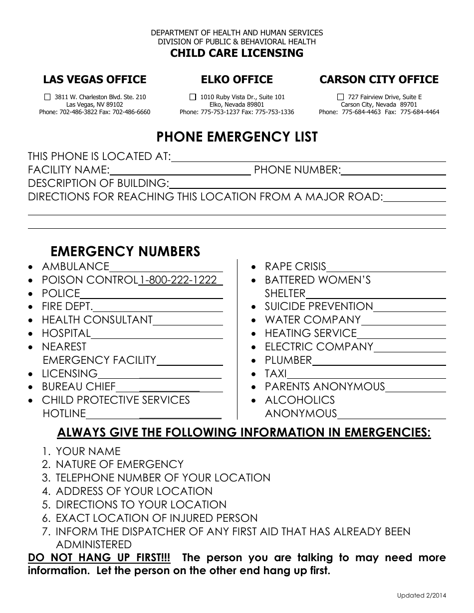 Phone Emergency List - Nevada, Page 1
