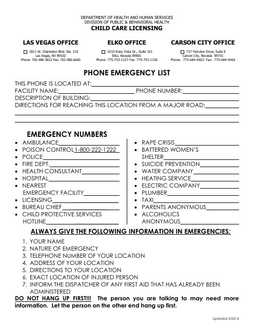 Phone Emergency List - Nevada Download Pdf