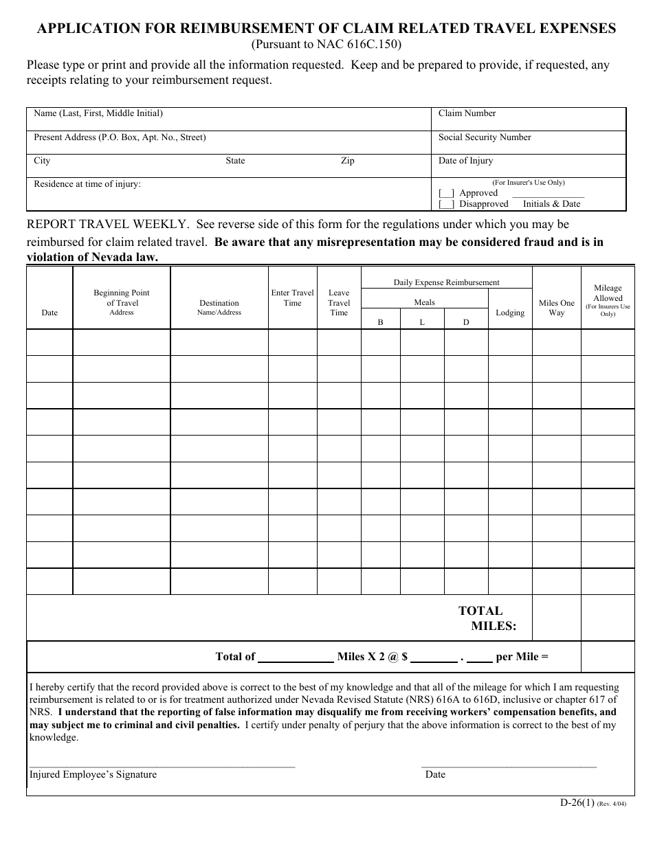 Form D-26 Application for Reimbursement of Claim Related Travel Expenses - Nevada, Page 1