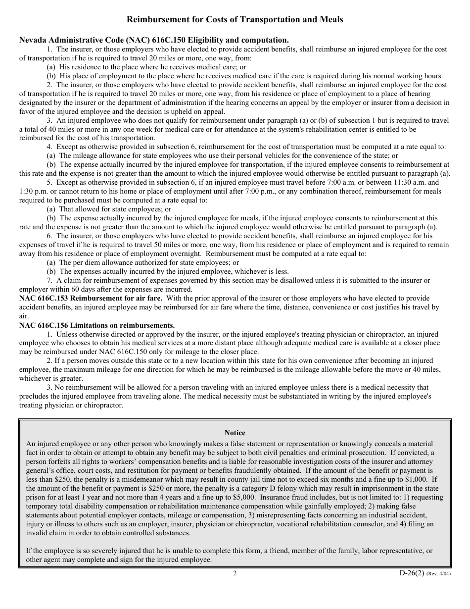 Form D-26 Application for Reimbursement of Claim Related Travel Expenses - Nevada, Page 2