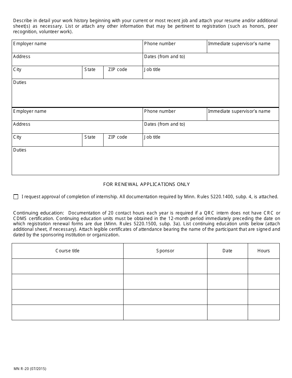 Form R-20 Qualified Rehabilitation Consultant Intern Application - Minnesota, Page 2