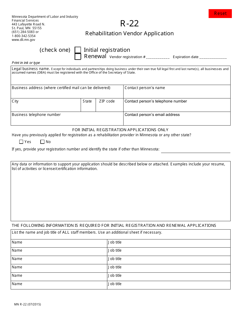 Form R-22 Rehabilitation Vendor Application - Minnesota, Page 1