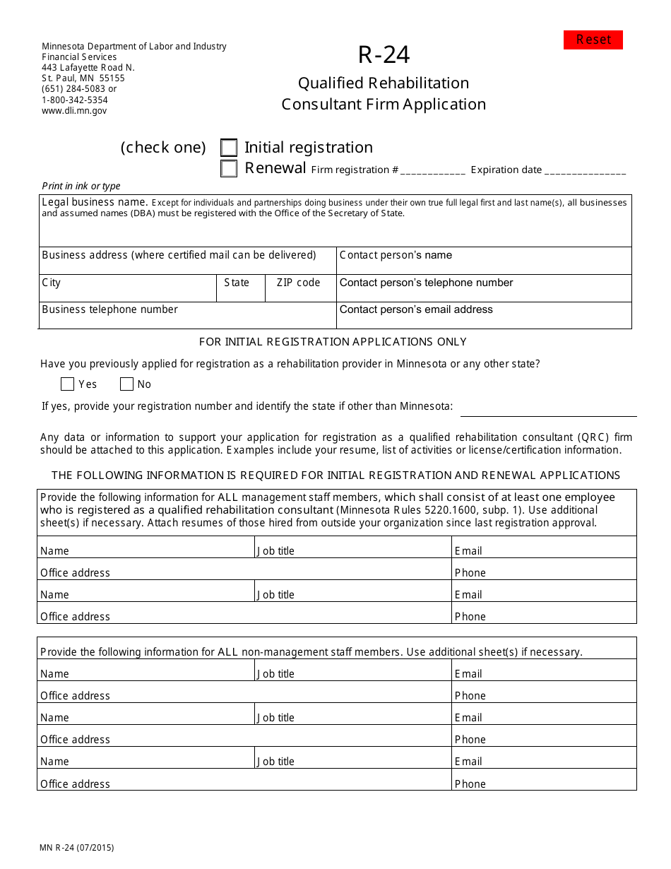 Form R-24 Qualified Rehabilitation Consultant Firm Application - Minnesota, Page 1