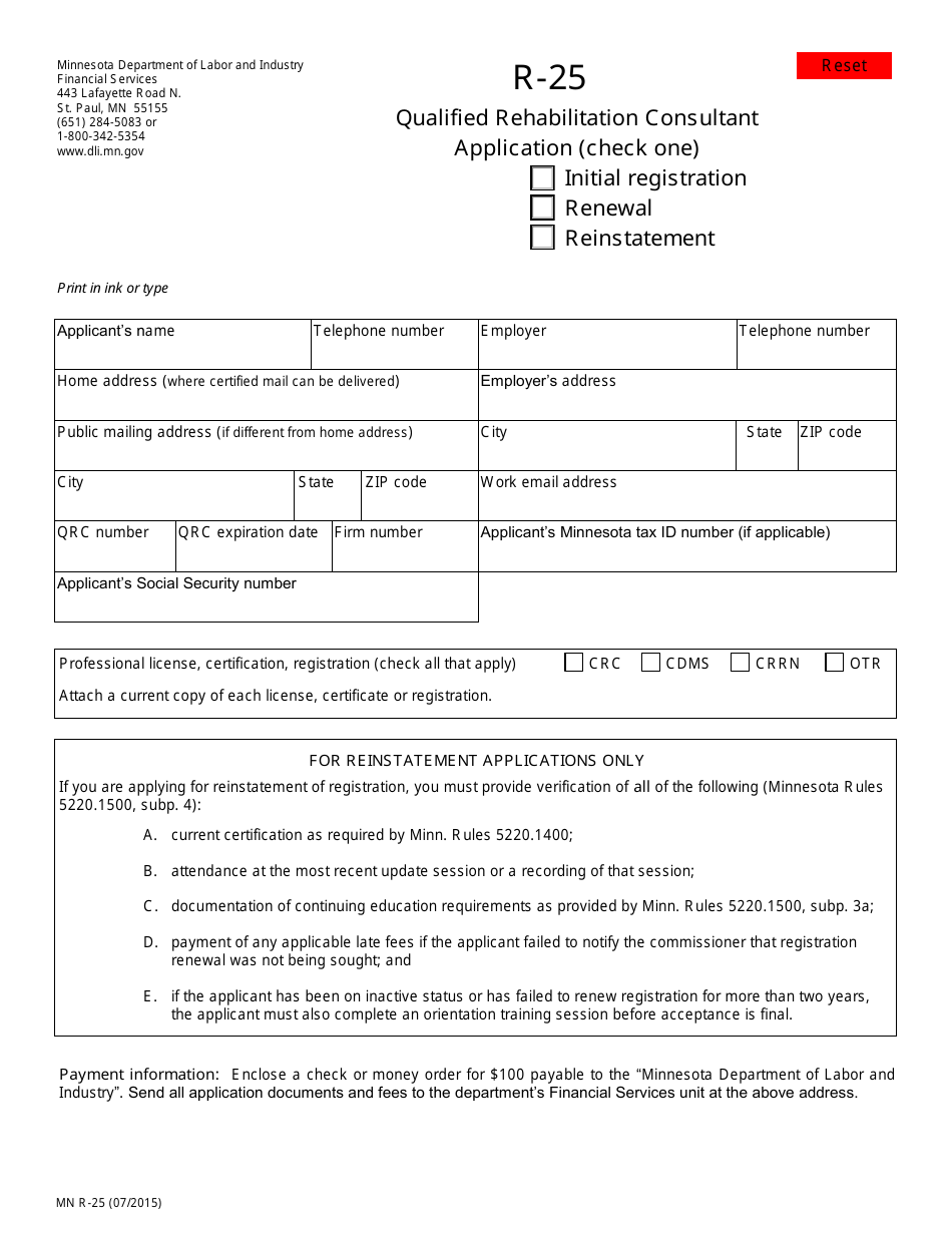 Form R-25 Qualified Rehabilitation Consultant Application - Minnesota, Page 1