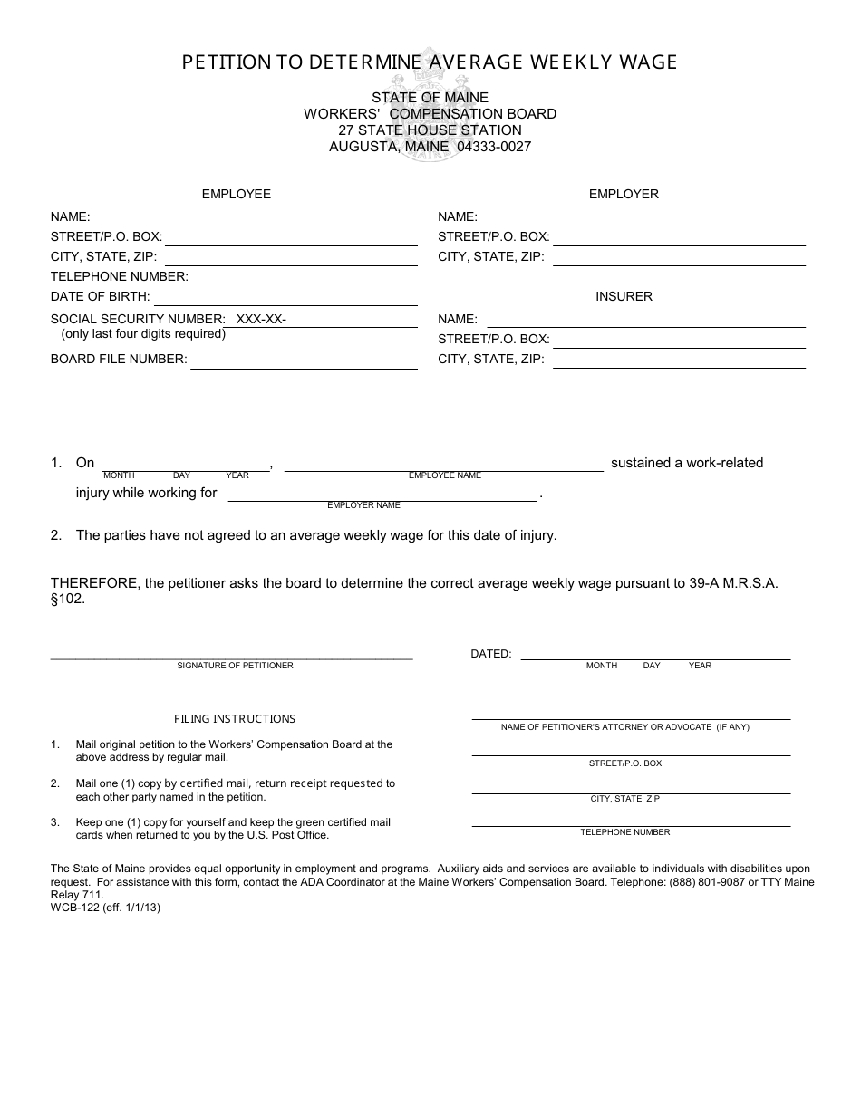 Form WCB-122 Petition to Determine Average Weekly Wage - Maine, Page 1