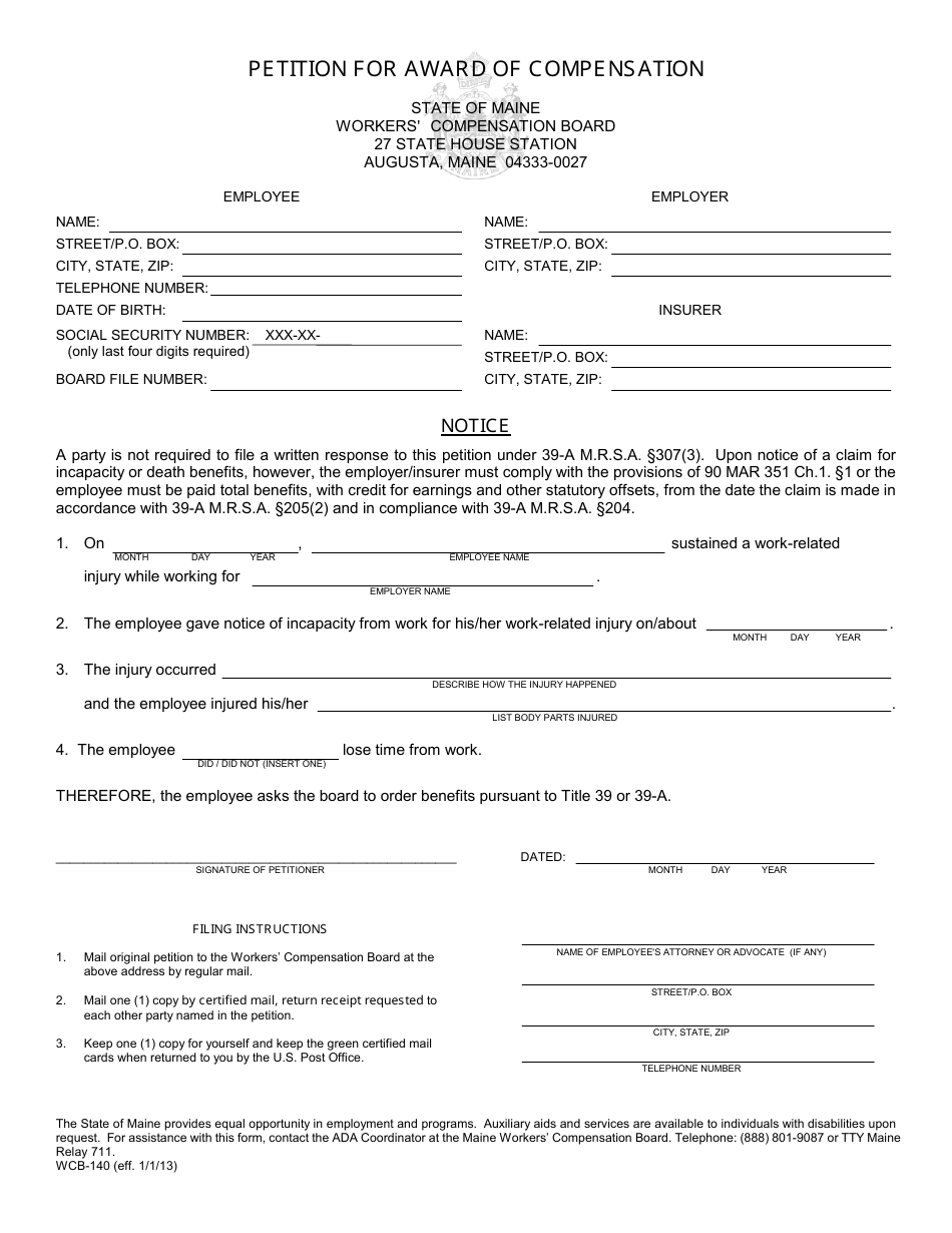 Form WCB-140 Petition for Award of Compensation - Maine, Page 1